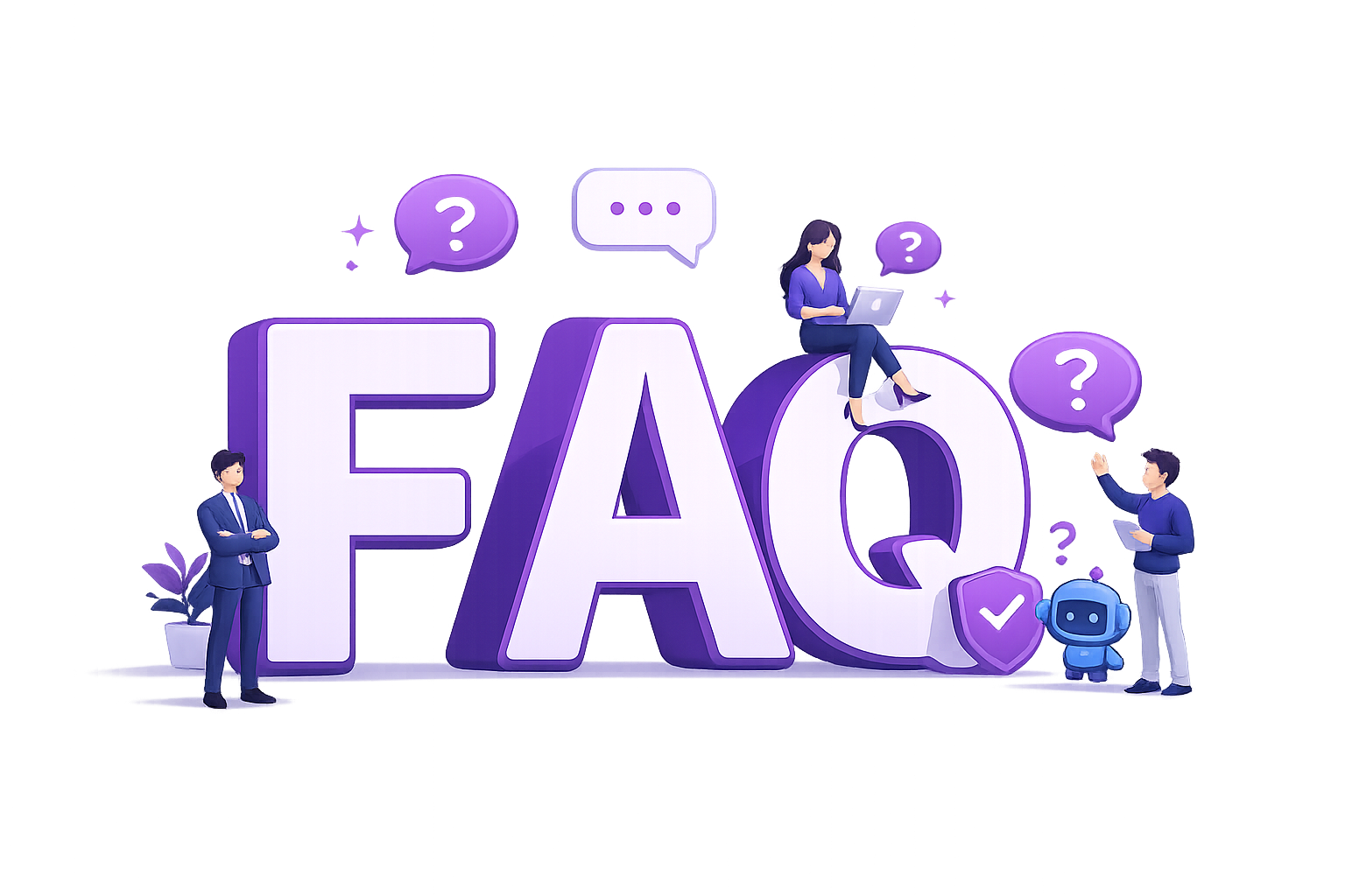 Illustration of people around a large FAQ sign
