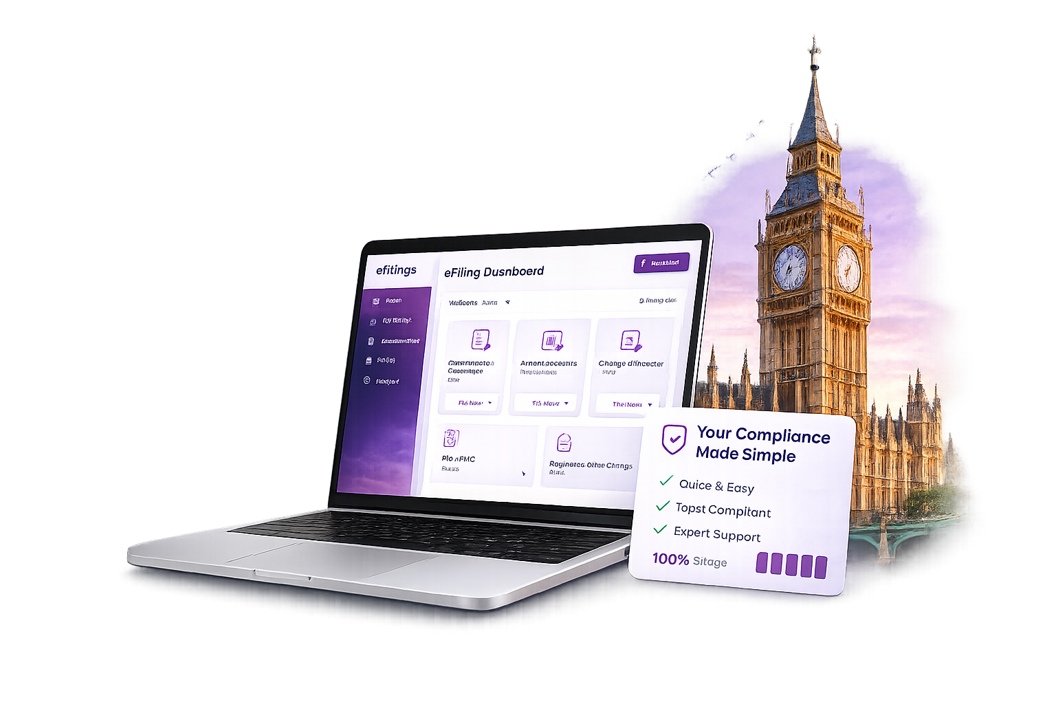 HopeTex eFiling dashboard shown on a laptop with Big Ben in the background