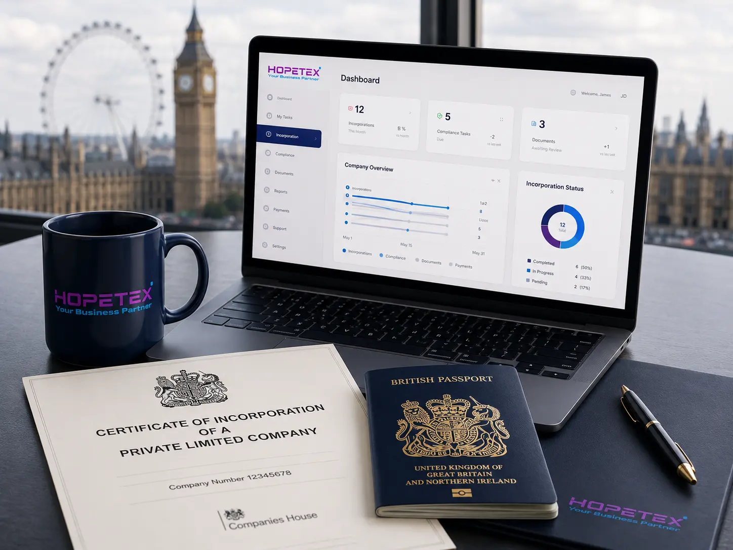 HopeTex dashboard shown on a laptop beside a UK certificate of incorporation and a British passport